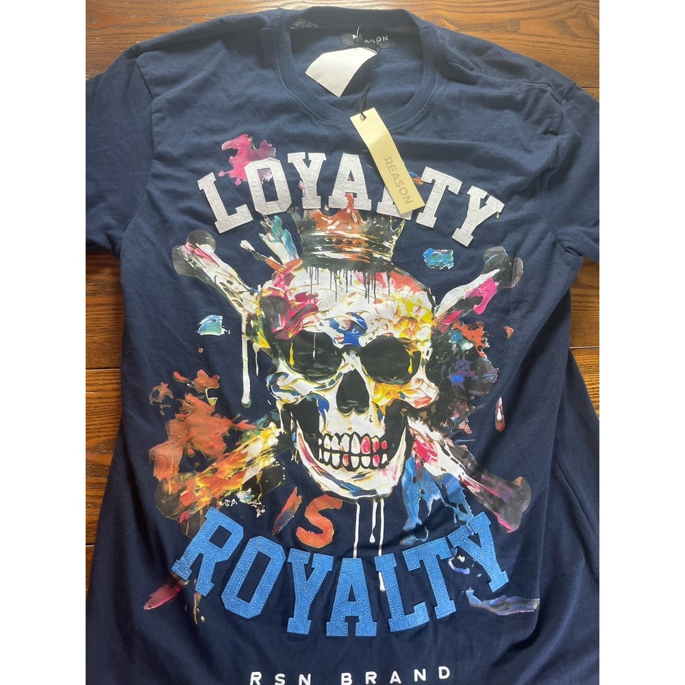 NEW Reason Brand Loyalty Is Royalty Tee Shirt Graphic Skull Men's Large Blue